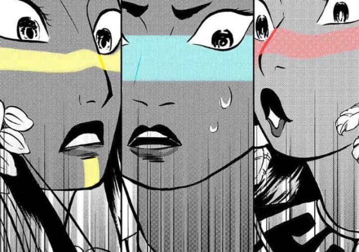 Close up on the surprised faces of Anacoana, Necahual, and Quetzalli's face's (characters from the Comic Necahual) Clicking here directs you to the Comics page.