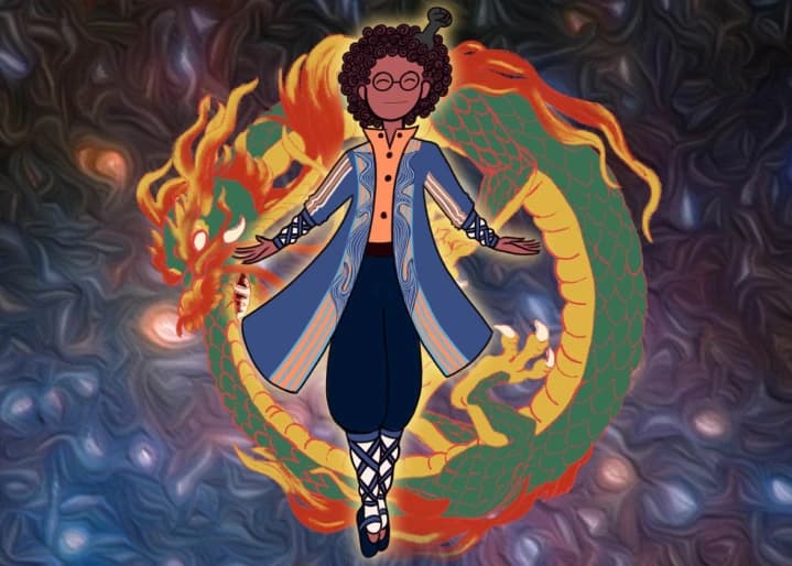 Drawing of man floating in space with a ouroboros dragon behind him. Clicking here directs you to the art page.