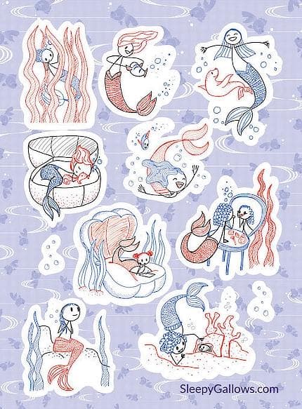 Sticker sheet of 9 mermaids