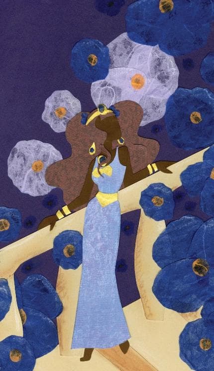 Princess Joy leaning against a banister surrounded by blue flowers